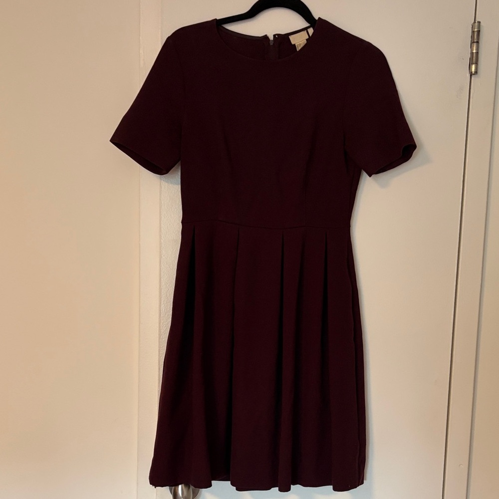 H&M Short-Sleeve Fit & Flare Dress in Burgundy